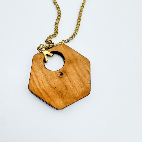 Vintage Hexagonal Wood Pendant Necklace Retro Geometric Minimalist - Picture 8 of 9